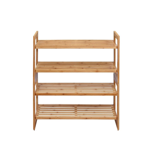 Two 2-Tier Stackable Bamboo Shoe Rack stacked together. It features a natural bamboo finish and a simple, functional design with two shelves for shoe storage.
