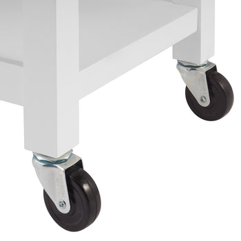 Two black caster wheels are attached to the bottom of a kitchen cart. The wheels appear to be made of rubber or a similar material and have metal swiveling mechanisms.