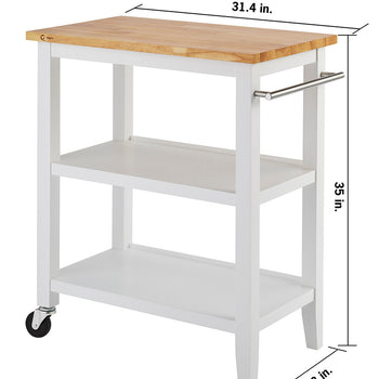 A white wooden kitchen cart with a light brown butcher block top is shown from a 3/4 angle, with two white shelves below the top surface. Dimensions are indicated as 31.4 inches wide, 35 inches high, and 18 inches deep.
