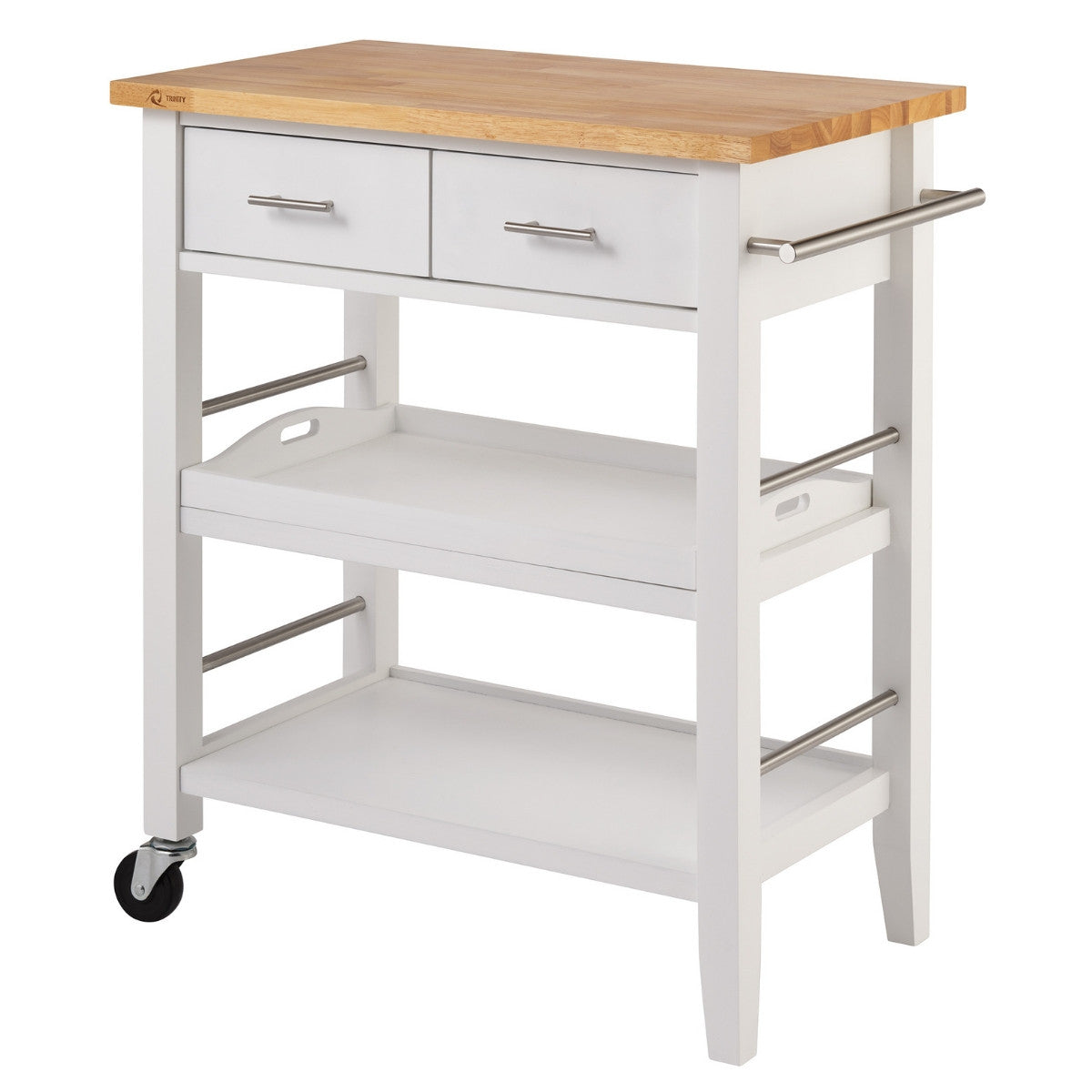 A white wooden kitchen cart with a light brown butcher block top features two drawers with silver pulls. It has two open shelves, a silver towel bar on one side, and two wheels for mobility.