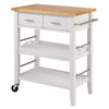 A white wooden kitchen cart with a light brown butcher block top features two drawers with silver pulls. It has two open shelves, a silver towel bar on one side, and two wheels for mobility.
