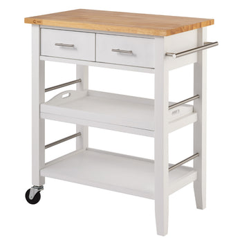 A white wooden kitchen cart with a light brown butcher block top features two drawers with silver pulls. It has two open shelves, a silver towel bar on one side, and two wheels for mobility.