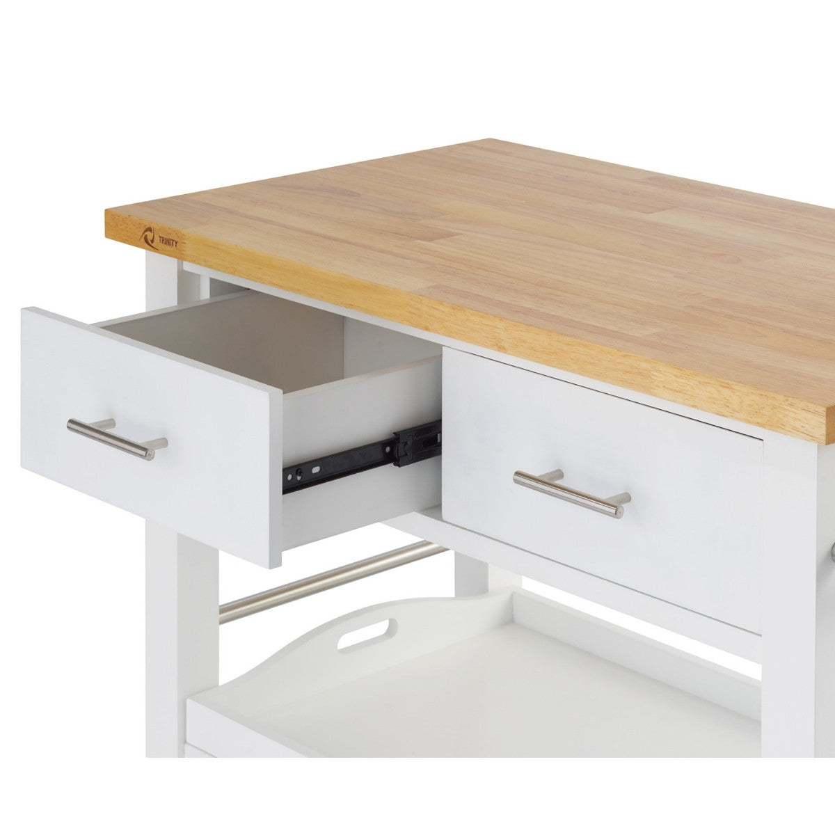 A white kitchen cart with a light brown wood top on a slightly elevated angle. The white cart features a light brown butcher block top, with one of its two drawers pulled open to reveal its interior and a black drawer slide.