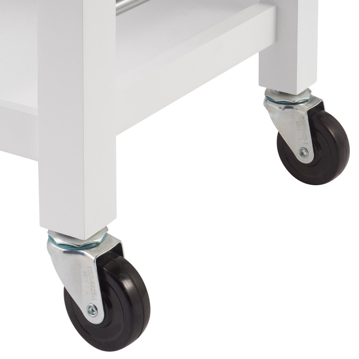 A close-up shot focuses on the white legs and black wheels of a mobile kitchen cart. The two casters allow the cart to be easily moved.