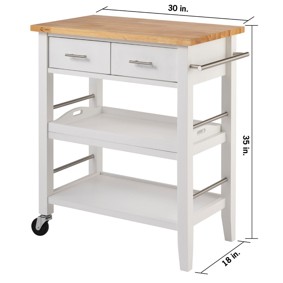 A white wood kitchen cart with a light brown wooden top is shown with two drawers, two open shelves, and a metal handle on the right side. Its dimensions shows as 30 inch wide by 18 inch deep by 35 inch height.