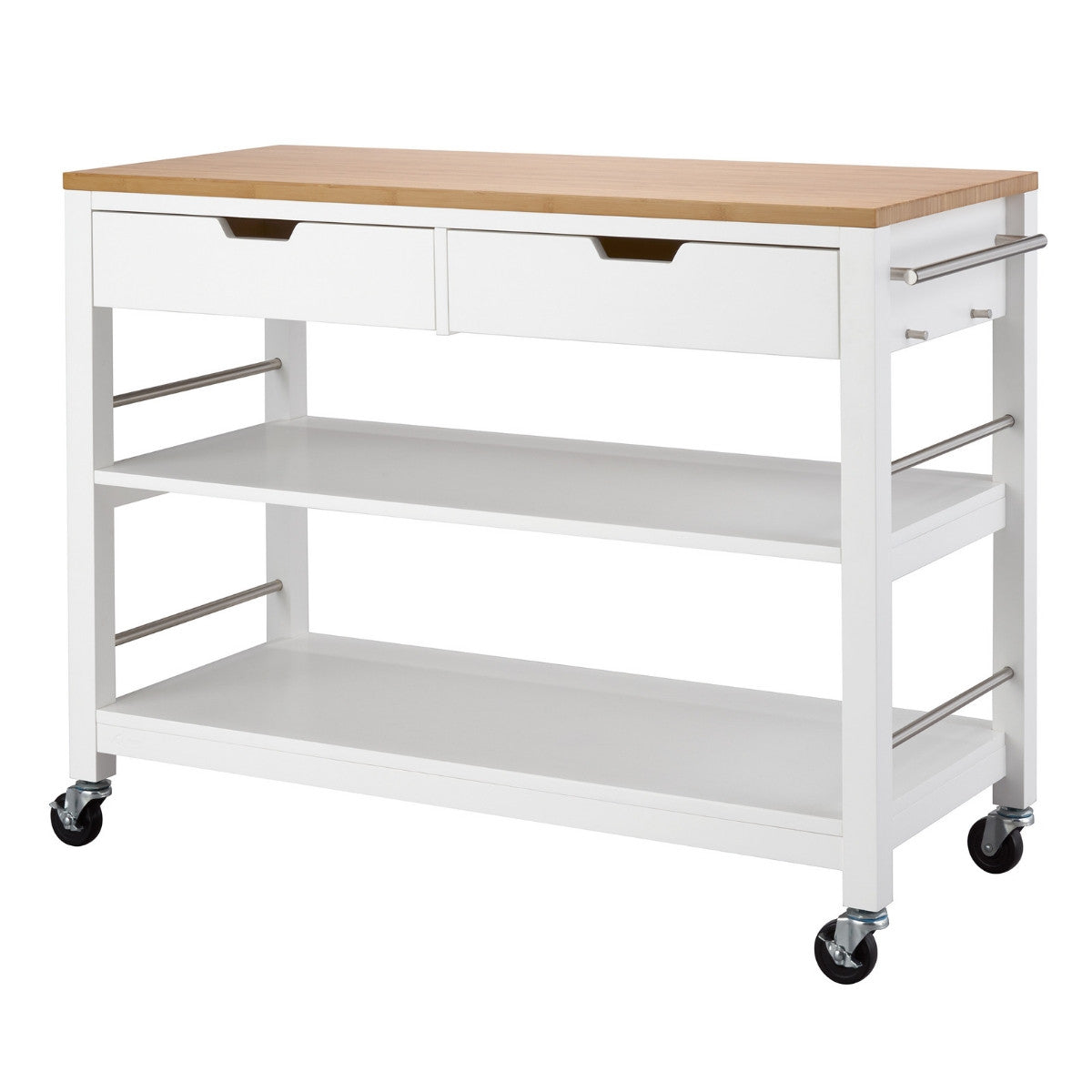 A white kitchen island trolley, is shown from a slightly elevated front angle. It features a light wooden butcher block top, two white drawers with integrated pulls, two white open shelves below, and silver-toned towel bars on both sides, all resting on caster wheels.