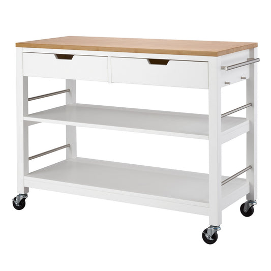 A white kitchen island trolley, is shown from a slightly elevated front angle. It features a light wooden butcher block top, two white drawers with integrated pulls, two white open shelves below, and silver-toned towel bars on both sides, all resting on caster wheels.