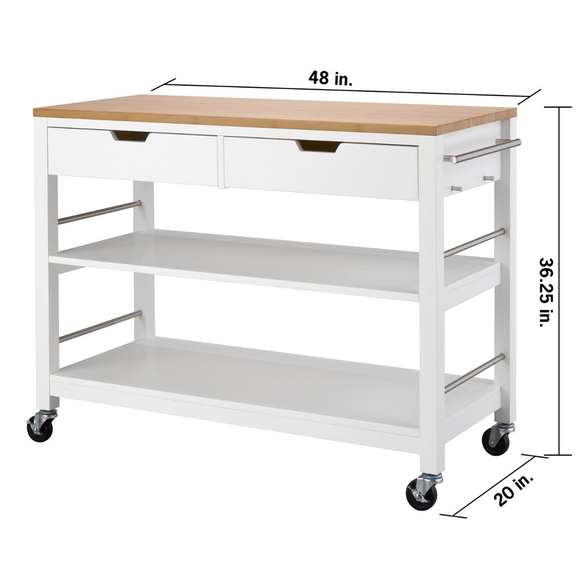A white kitchen island trolley, identified as the Trinity 48-inch White Bamboo Kitchen Island with Drawers, is shown with its dimensions. The island measures 48 inches long, 36.25 inches high, and 20 inches deep, and features two drawers, two open shelves, and towel bars on the sides, all on casters.