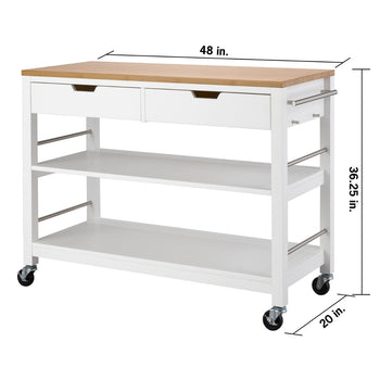 A white kitchen island trolley, identified as the Trinity 48-inch White Bamboo Kitchen Island with Drawers, is shown with its dimensions. The island measures 48 inches long, 36.25 inches high, and 20 inches deep, and features two drawers, two open shelves, and towel bars on the sides, all on casters.