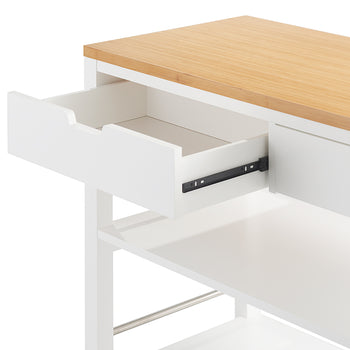 An open drawer of a white kitchen cart with a light wood top. The drawer shows the black metal glides on which it slides open.