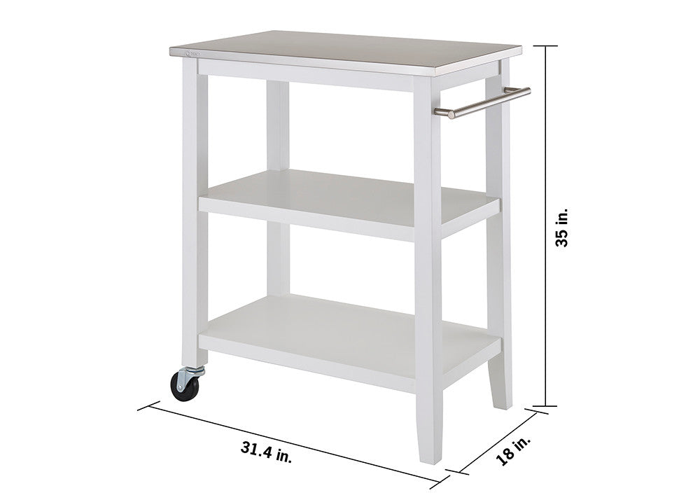 A white, three-tiered kitchen island cart with a stainless steel top is shown at a 3/4 angle on a white background. The cart features wheels on one side and a towel bar on the other, with dimensions labeled in inches.