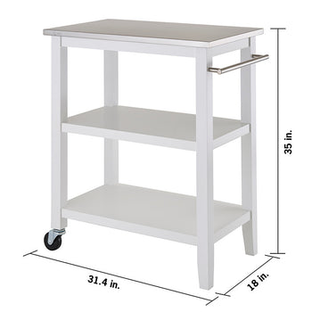 A white, three-tiered kitchen island cart with a stainless steel top is shown at a 3/4 angle on a white background. The cart features wheels on one side and a towel bar on the other, with dimensions labeled in inches.