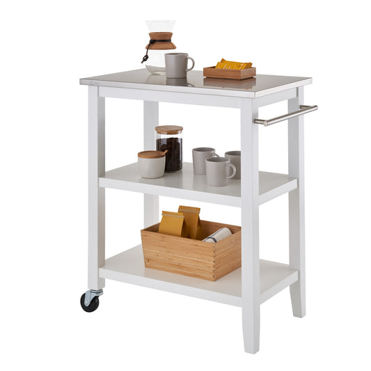 A white, three-tiered kitchen cart with a stainless steel top, featuring wheels and a towel bar, is shown on a white background. The cart is styled with coffee accessories, mugs, and packaged goods, demonstrating its use as a mobile storage and preparation surface.