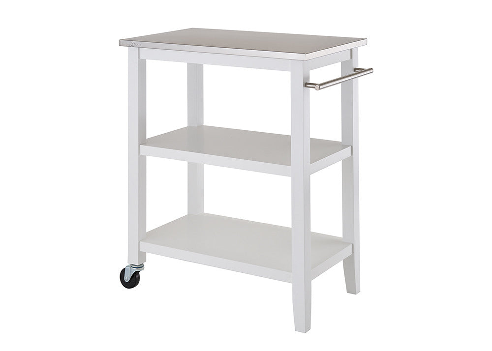 A white, three-tiered kitchen cart with a stainless steel top and a handle on one side is shown at a slight angle. The cart has wheels on two of its legs, suggesting mobility.