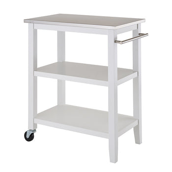 A white, three-tiered kitchen cart with a stainless steel top and a handle on one side is shown at a slight angle. The cart has wheels on two of its legs, suggesting mobility.