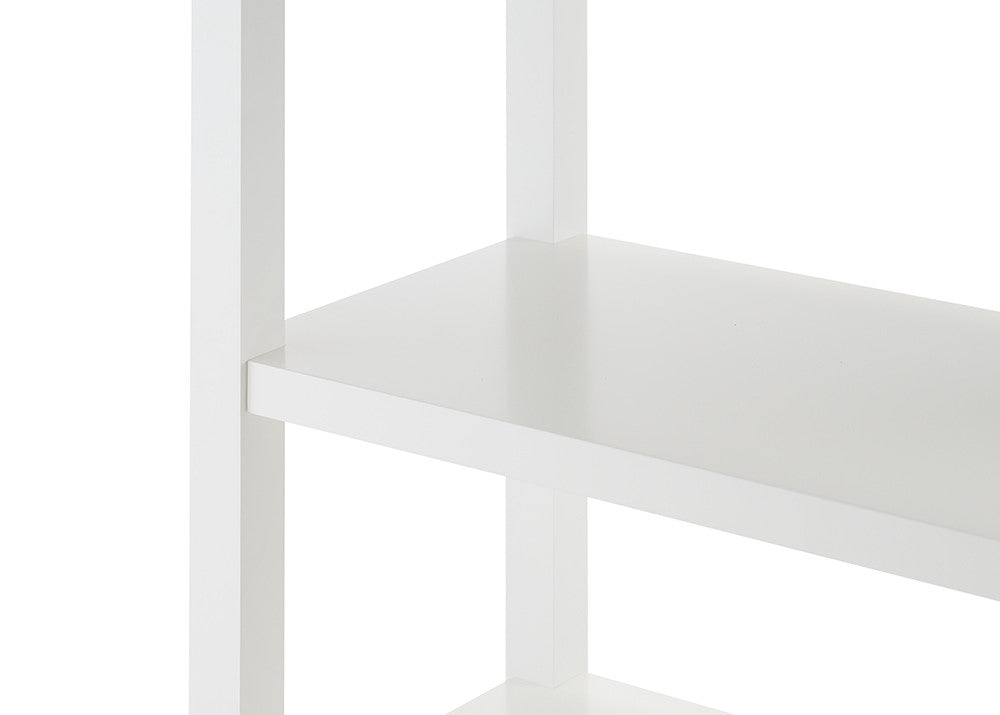 A close-up shot of a white, three-tiered shelf unit, focusing on the corner where the vertical support meets a shelf. The shelves are smooth and glossy, suggesting a painted or laminated finish.