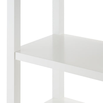 A close-up shot of a white, three-tiered shelf unit, focusing on the corner where the vertical support meets a shelf. The shelves are smooth and glossy, suggesting a painted or laminated finish.