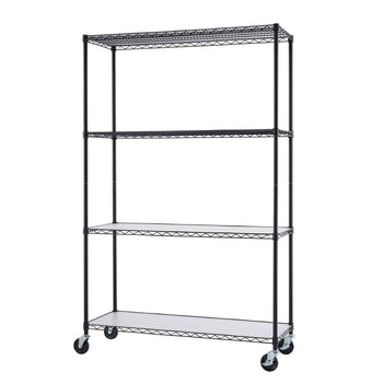A black, four-tier wire shelving unit with wheels is shown against a white background. The shelves are empty, and the bottom two shelves look to have a white, perforated mat lining them.