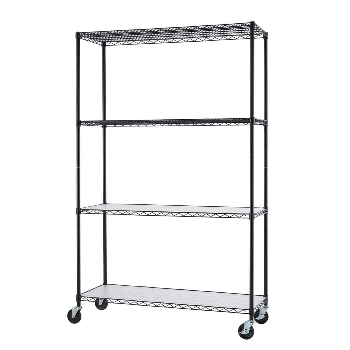 A black, four-tier wire shelving unit with wheels is shown against a white background. The shelves are empty, and the bottom two shelves look to have a white, perforated mat lining them.
