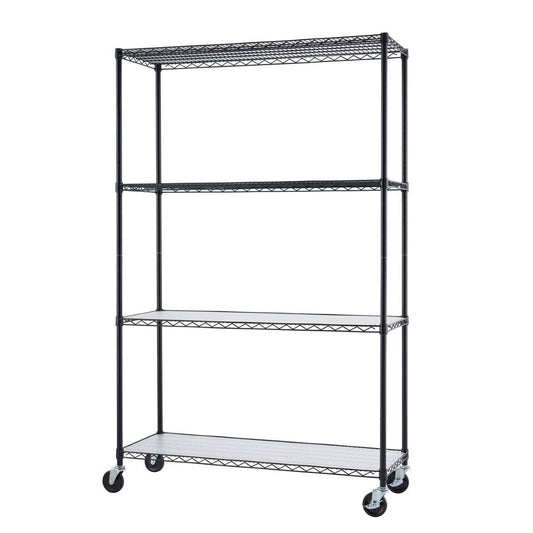 
A tall, black, four-tier wire shelving unit with wheels is positioned against a white background. The bottom shelf has a white, textured mat on it, and the other three shelves are empty.