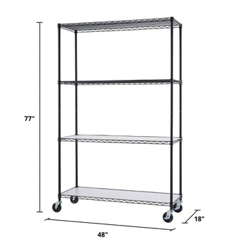 A black Trinity 4-Tier Wire Shelving Unit with wheels is shown from a slightly low, angled perspective. The dimensions are labeled, showing a height of 77 inches, a width of 48 inches, and a depth of 18 inches.