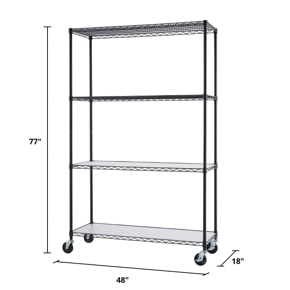 A black Trinity 4-Tier Wire Shelving Unit with wheels is shown from a slightly low, angled perspective. The dimensions are labeled, showing a height of 77 inches, a width of 48 inches, and a depth of 18 inches.
