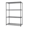 
A tall, black, four-tier wire shelving unit stands isolated against a white background. The shelves are empty, and the unit appears to be a standard, ready-to-assemble storage rack.