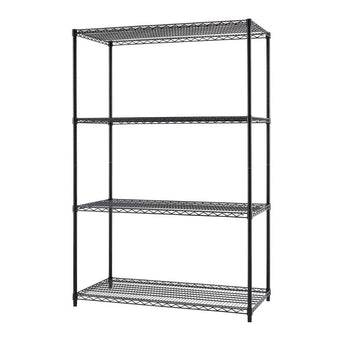 A tall, black, four-tier wire shelving unit stands isolated against a white background. The shelves are empty, and the unit appears to be a standard, ready-to-assemble storage rack.