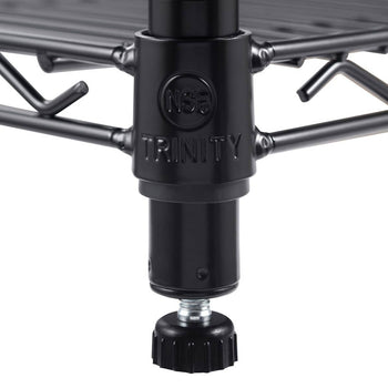 A close-up shot of the bottom of a black metal shelving unit post shows an adjustable leveling foot. The post has 