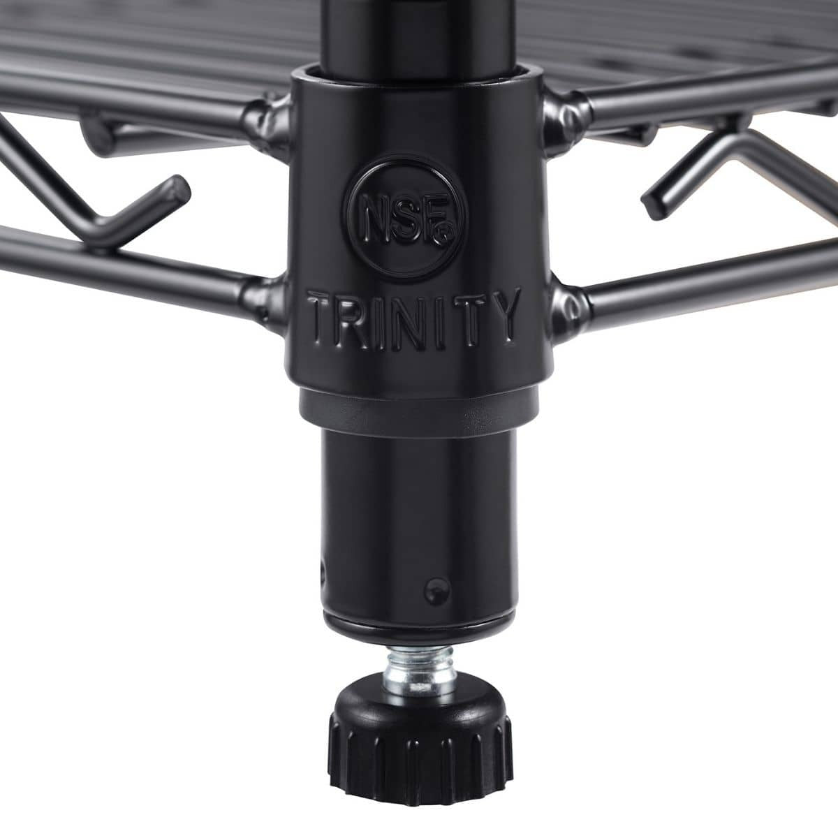 A close-up shot of the bottom of a black metal shelving unit post shows an adjustable leveling foot. The post has "NSF" and "TRINITY" embossed on it, indicating its certification and brand.