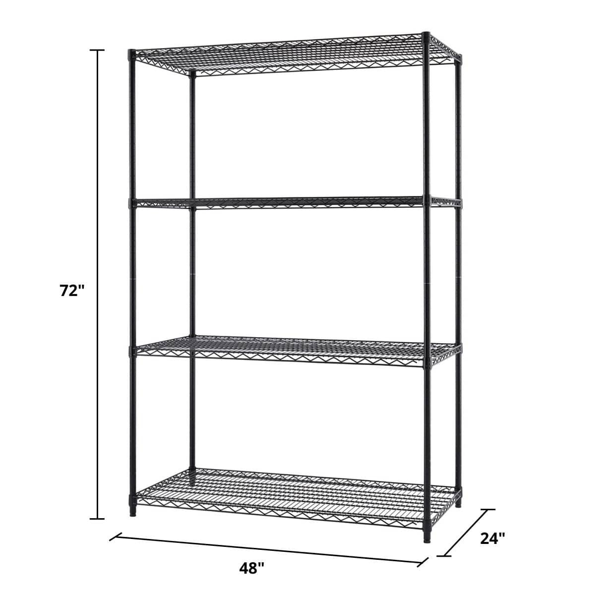 A black, 4-tier wire shelving unit is shown with its dimensions. The unit is 72 inches tall, 48 inches wide, and 24 inches deep.