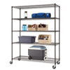 A five-tier metal storage rack on wheels holds various items, including a lantern, a blue rolled mat, and a cooler on its bottom shelf. The middle shelves contain a blue water bottle, two wooden bins with a football and baseball glove, a large blue tub, and another wooden bin with sports equipment like a soccer ball.