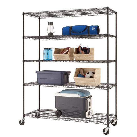 A five-tier metal storage rack on wheels holds various items, including a lantern, a blue rolled mat, and a cooler on its bottom shelf. The middle shelves contain a blue water bottle, two wooden bins with a football and baseball glove, a large blue tub, and another wooden bin with sports equipment like a soccer ball.