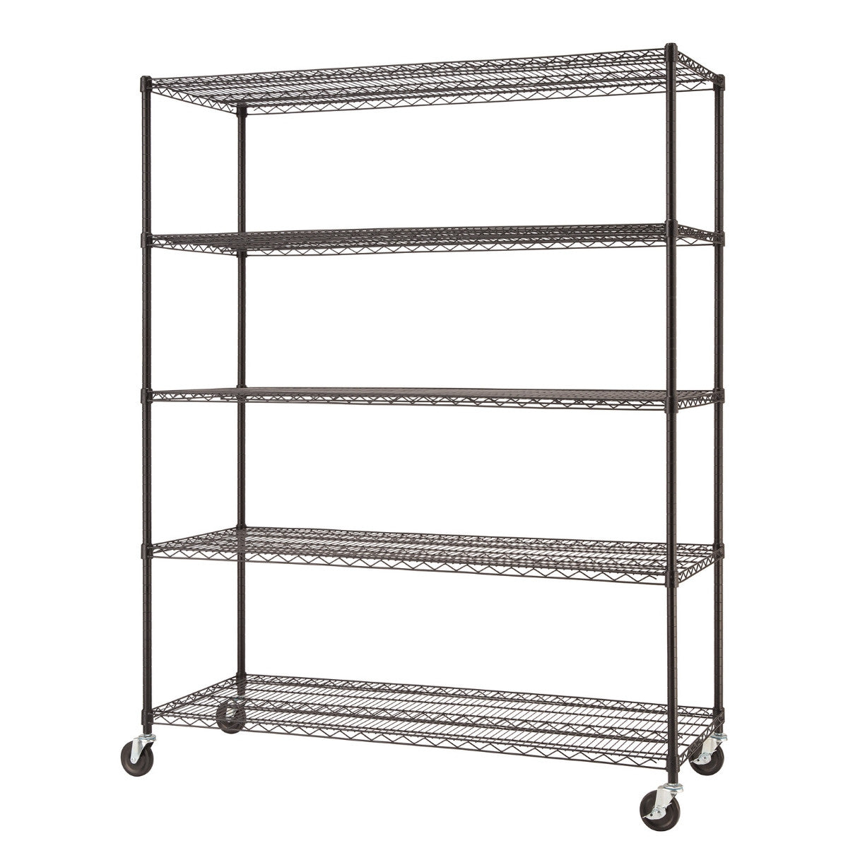 A tall, black wire shelving unit with five tiers is shown. The unit is on wheels, making it a mobile storage solution.