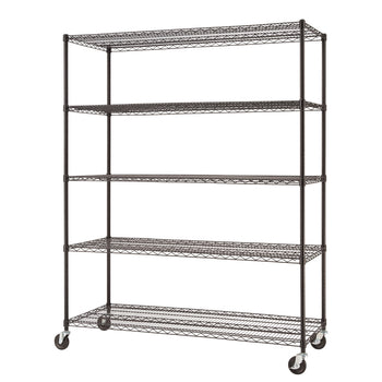 A tall, black wire shelving unit with five tiers is shown. The unit is on wheels, making it a mobile storage solution.
