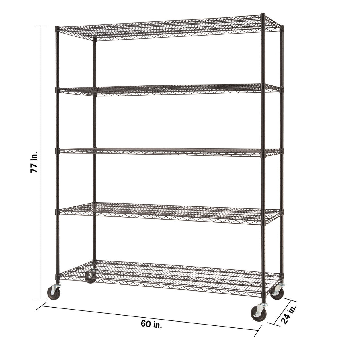 A black five-tier metal shelving unit with wheels is shown from a slightly angled front view. Dimensions are indicated with arrows: 77 inches in height, 60 inches in width, and 24 inches in depth.