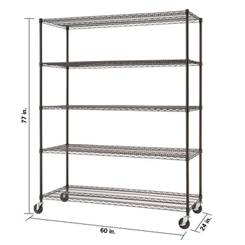 A black five-tier metal shelving unit with wheels is shown from a slightly angled front view. Dimensions are indicated with arrows: 77 inches in height, 60 inches in width, and 24 inches in depth.