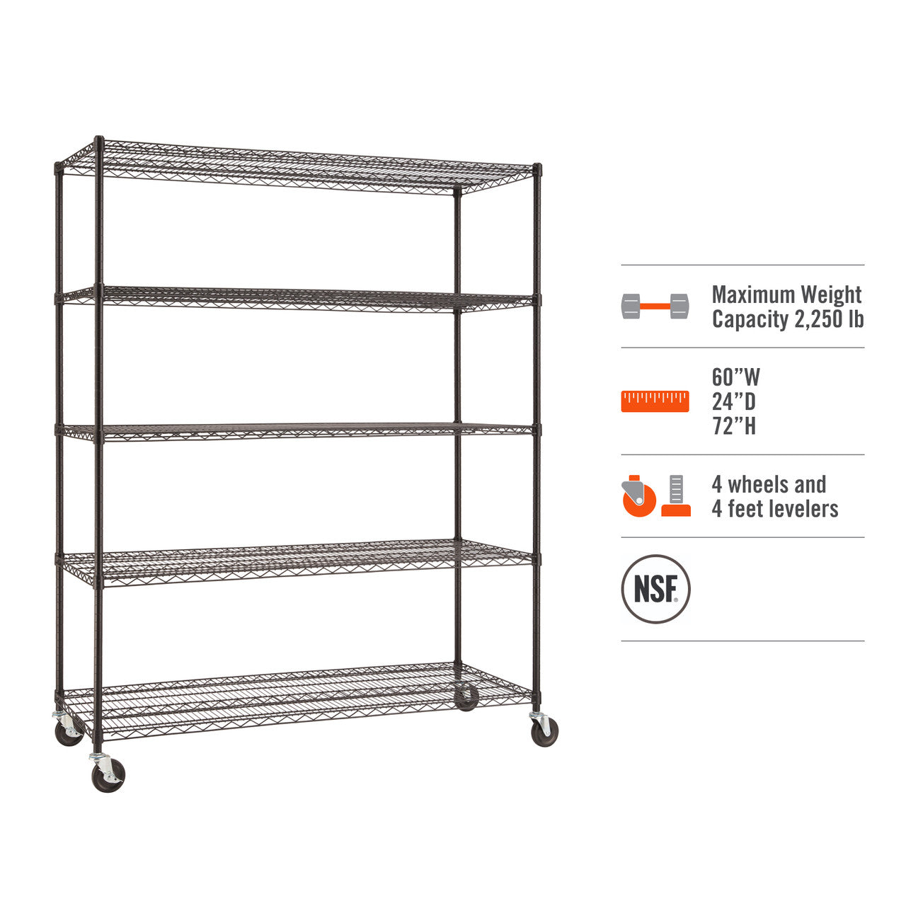 A black Trinity Basics 5-Tier Wire Shelving Unit with wheels is shown. The unit has a maximum weight capacity of 2,250 lbs and dimensions of 60"W x 24"D x 72"H, and it comes with both wheels and feet levelers, and is NSF certified.