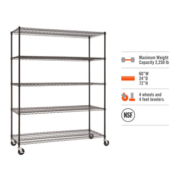 A black Trinity Basics 5-Tier Wire Shelving Unit with wheels is shown. The unit has a maximum weight capacity of 2,250 lbs and dimensions of 60