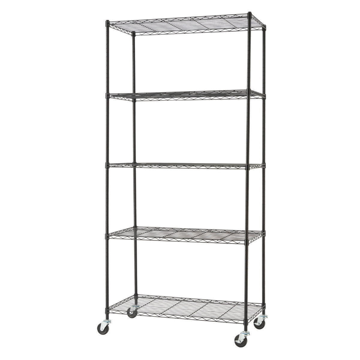 A tall, black, five-tier wire shelving unit stands on four wheels. The shelves are empty, and the unit appears to be made of metal with an open wire design.