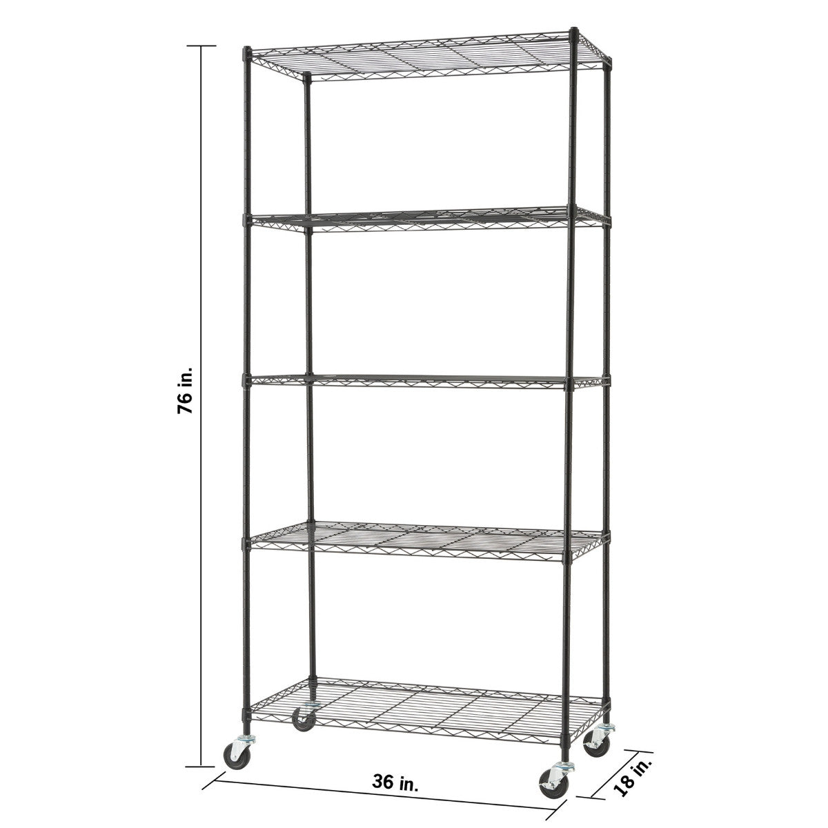 TRINITY BASICS® 5-Tier 36x18x76 Wire Shelving w/ Wheels, Black