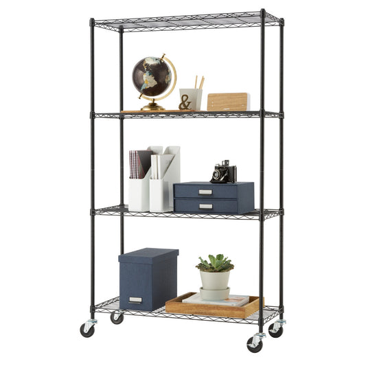
A black 4-Tier Wire Shelving Unit is shown, organized with various office and home decor items. The shelves hold a globe, desk organizers with papers, a camera, decorative boxes, and a potted plant, all while the unit sits on wheels.