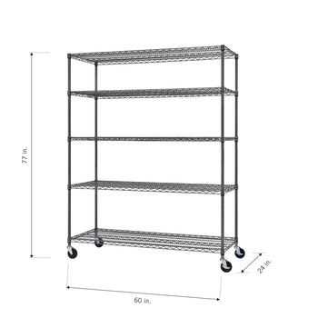 
A five-shelf dark grey wire shelving unit with wheels is shown from a slightly elevated, front-facing angle. The dimensions are labeled as 77 inches high, 60 inches wide, and 24 inches deep.