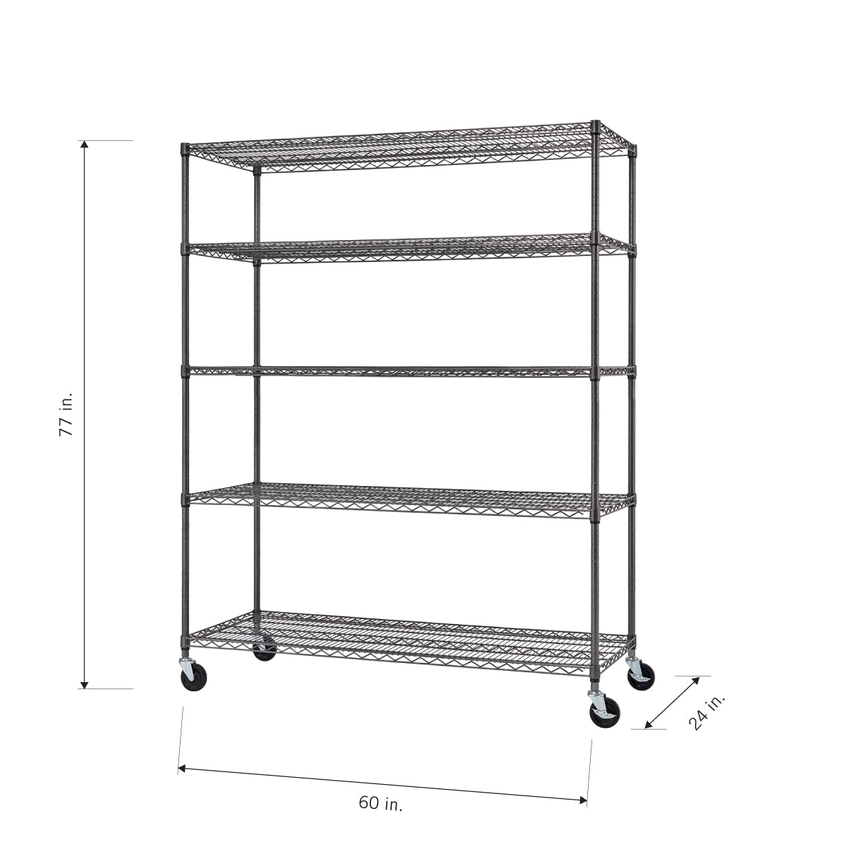
A five-shelf dark grey wire shelving unit with wheels is shown from a slightly elevated, front-facing angle. The dimensions are labeled as 77 inches high, 60 inches wide, and 24 inches deep.