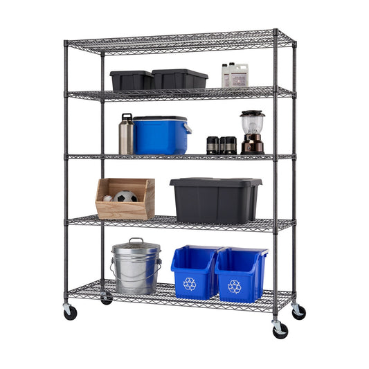 A black 5-Tier Wire Shelving unit displaying its open wire design and five shelves. Various storage containers and household items are placed on the shelves, showcasing its storage capabilities.