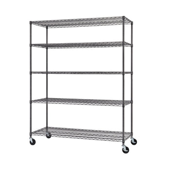 A tall, five-tier wire shelving unit with wheels is shown against a white background. The shelves are made of a dark gray wire mesh, and the unit has four vertical poles and four black caster wheels at the bottom.