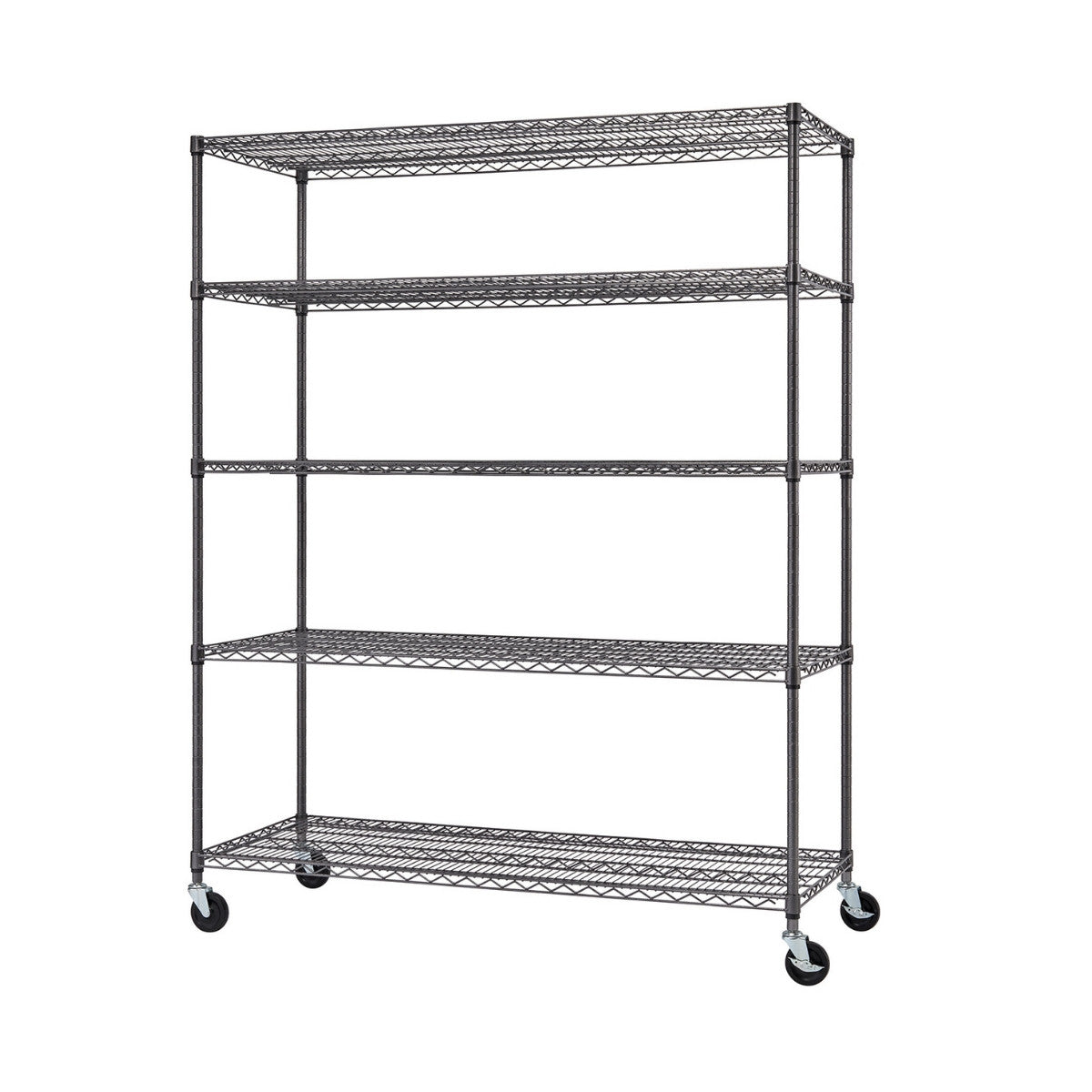 A tall, five-tier wire shelving unit with wheels is shown against a white background. The shelves are made of a dark gray wire mesh, and the unit has four vertical poles and four black caster wheels at the bottom.