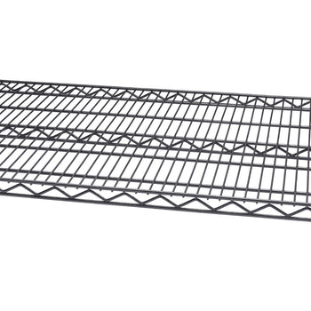 Close-up view of a black wire shelving unit, showing the grid pattern of the shelves and the structural support underneath. The image highlights the construction and material of the shelving.
