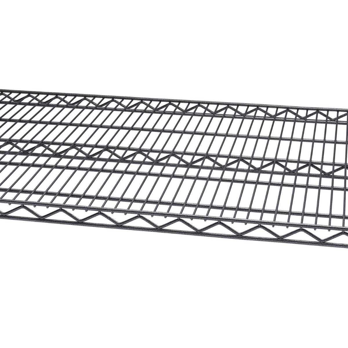 A close-up shot shows a section of black wire shelving against a stark white background. The grid pattern of the shelf is clearly visible, highlighting its construction and texture.