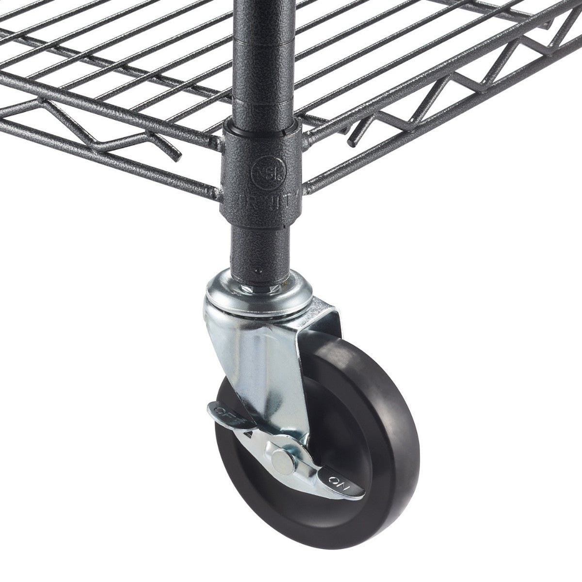 A close-up shot shows the bottom corner of a black wire shelving unit, focusing on one of its black rubber wheels with a silver metal swivel and a gray locking mechanism. The wire shelf above is partially visible, showcasing its grid-like structure.